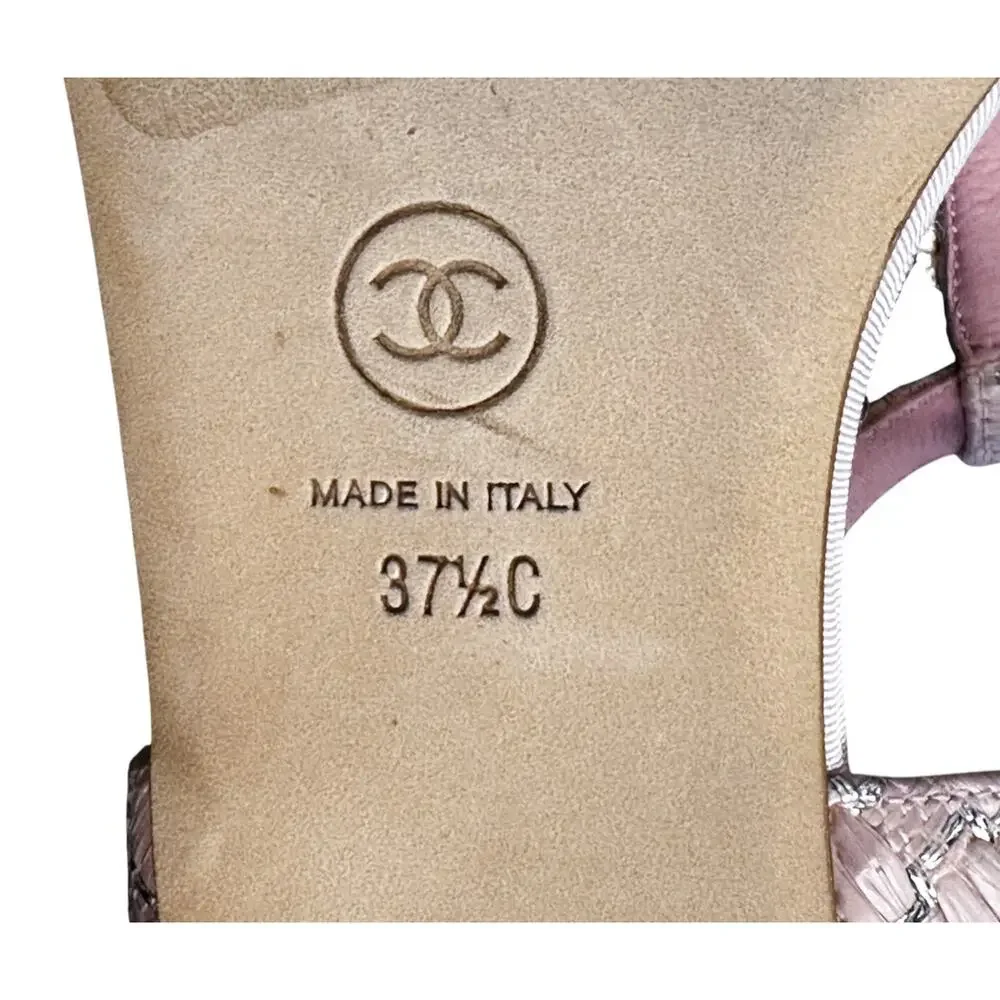 Chanel Pink Metallic Tweed CC Charm T-Strap Thong Sandals Size 37.5